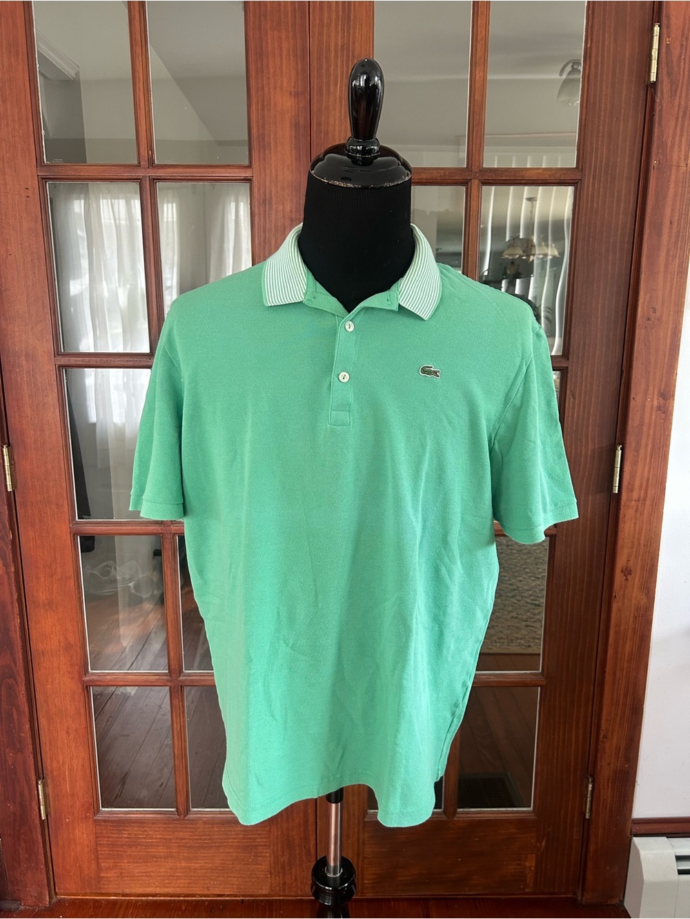 LACOSTE Size 8 Medium Green Stripe Collar Mens Cotton Polo Shirt Golf Casual